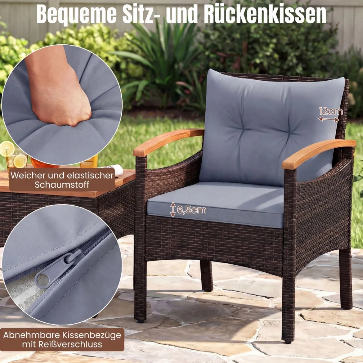 3tlg. Rattan Sitzgruppe Set mit 2 Sessel & 1 Beistelltisch Sitzgarnitur mit Akazienholzplatte & Sitzkissen Grau