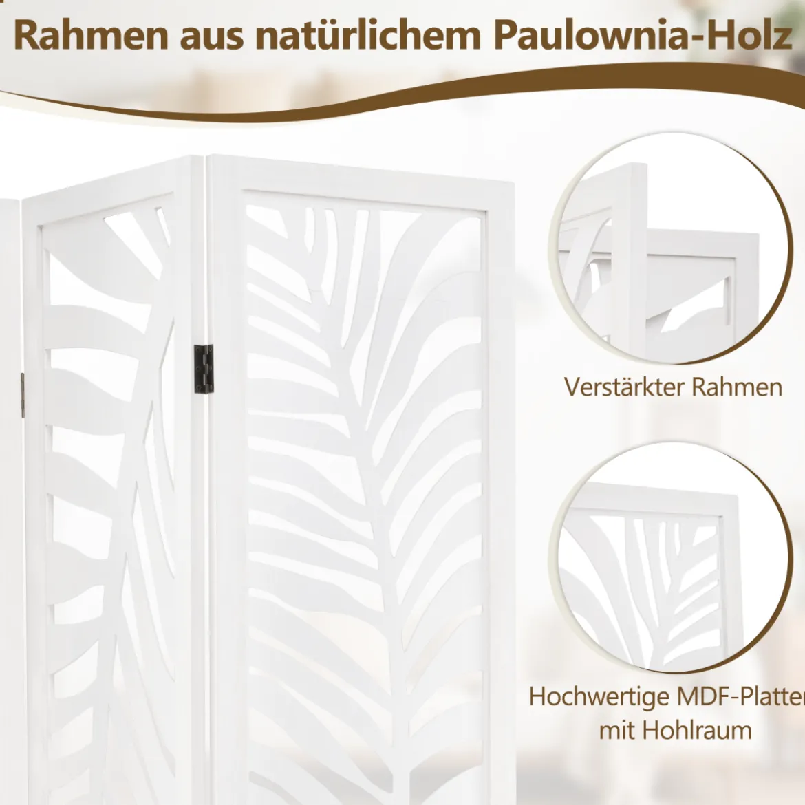 3 tlg. Raumteile mit Natürlichem Paulownia-Holzrahmen Freistehender Sichtschutz Weiß