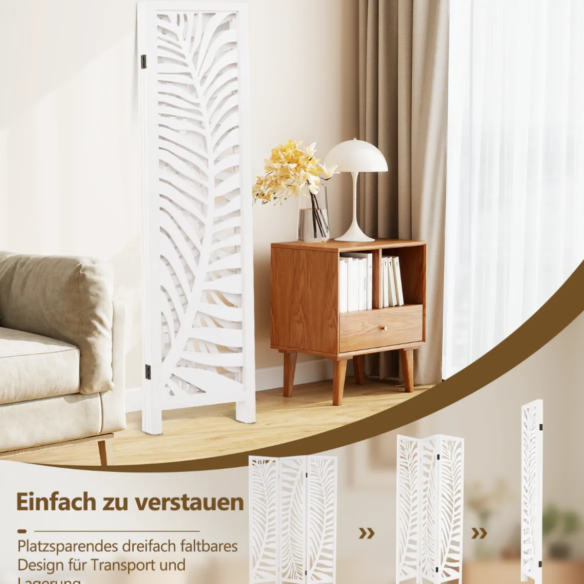 3 tlg. Raumteile mit Natürlichem Paulownia-Holzrahmen Freistehender Sichtschutz Weiß