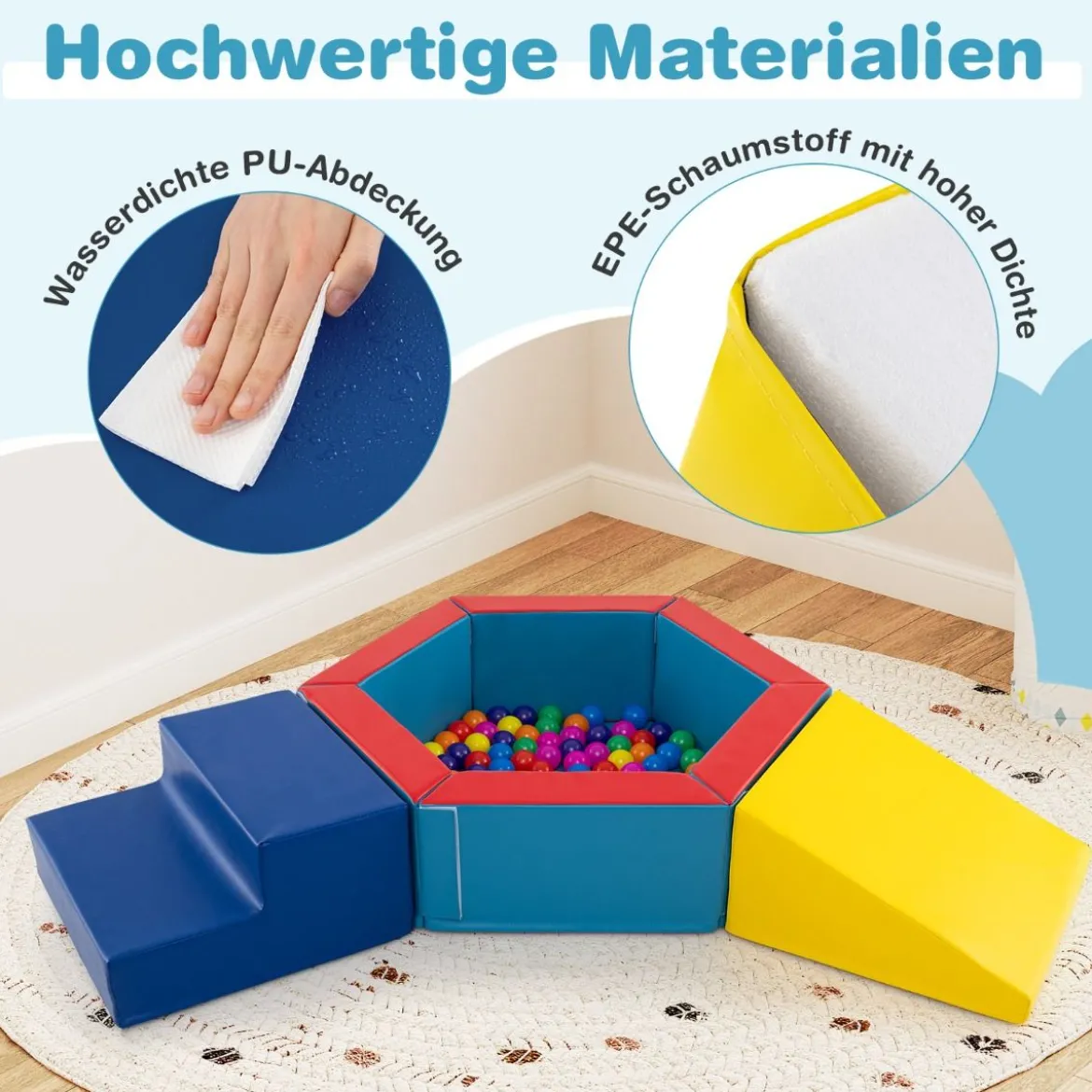 3 TLG. Schaumstoff Bausteine mit Bällebad & 100 Ozeanbällen Softbausteine Kletterblöcke