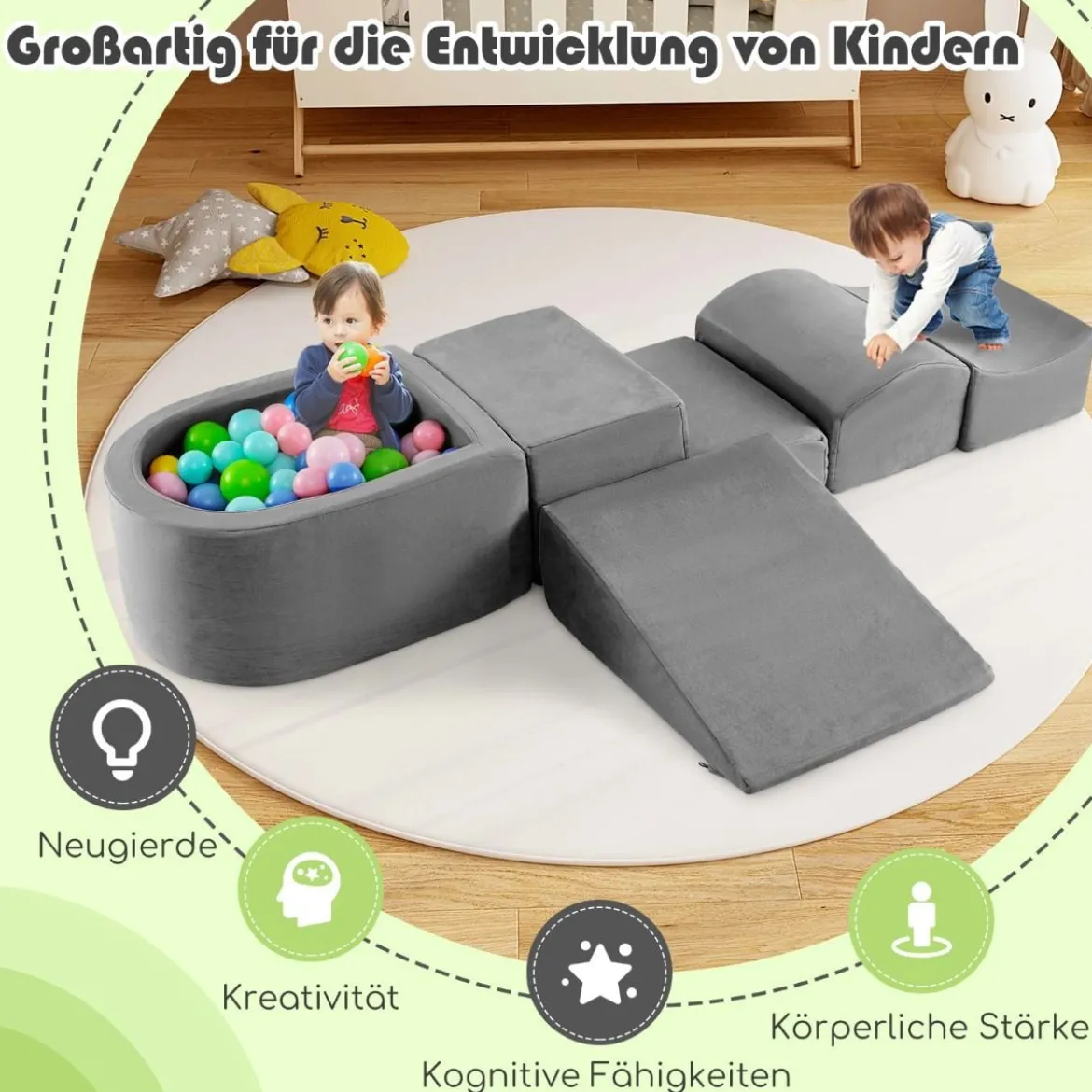 5 TLG. Schaumstoffbausteine Riesenbausteine mit Bällebad (ohne Bälle) Großbausteine zum Toben Grau