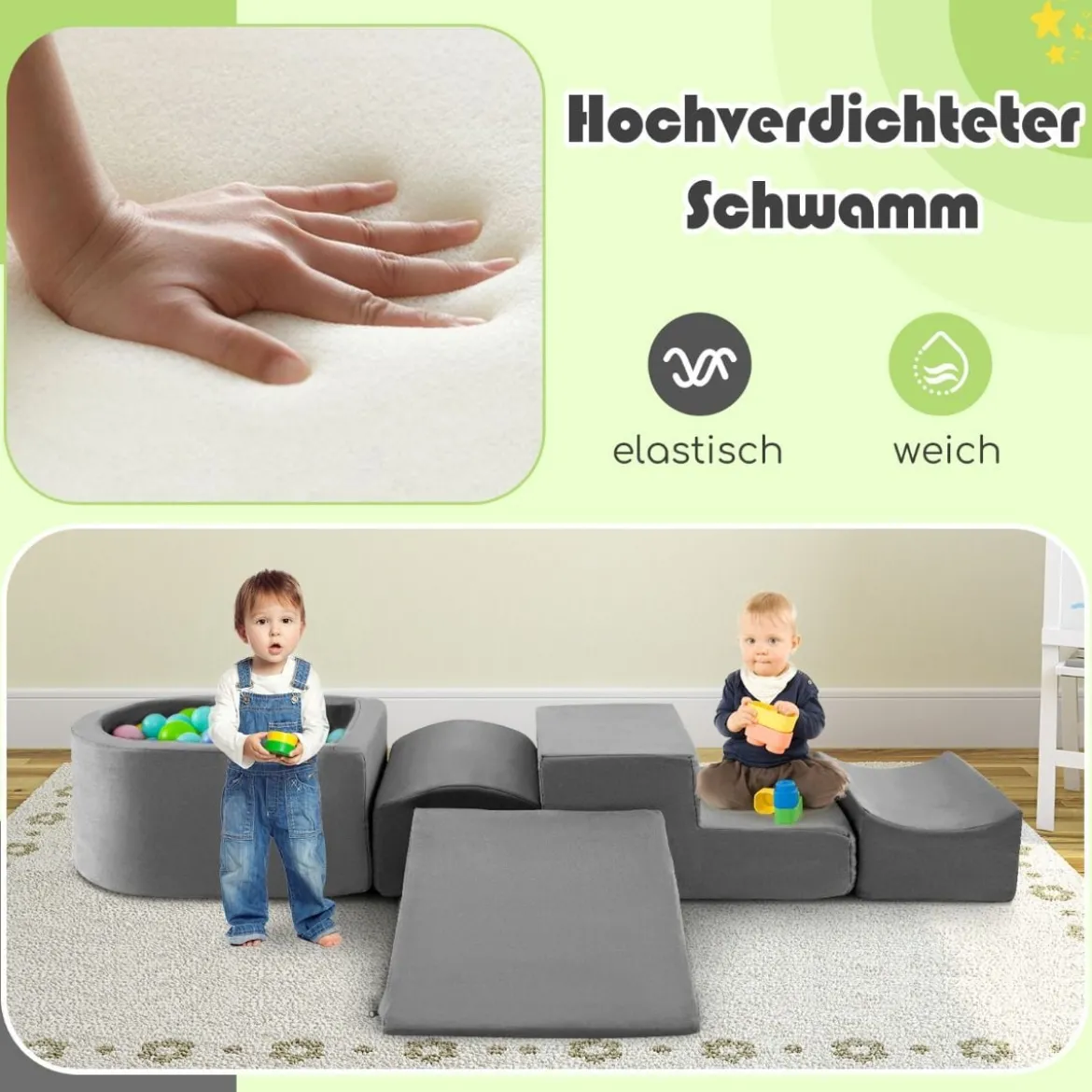 5 TLG. Schaumstoffbausteine Riesenbausteine mit Bällebad (ohne Bälle) Großbausteine zum Toben Grau