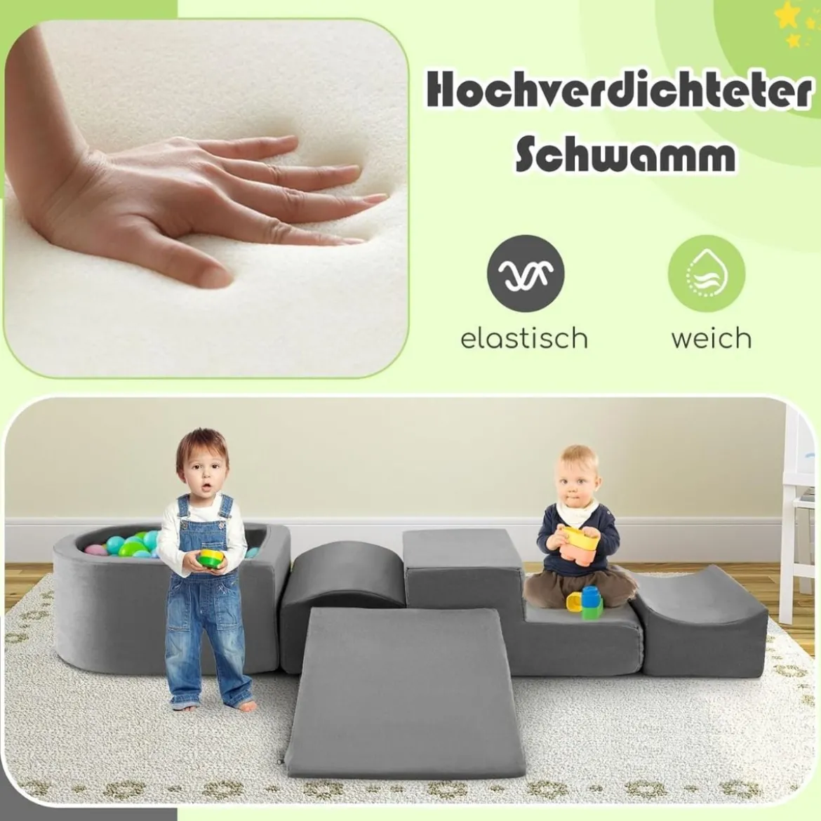 5 TLG. Schaumstoffbausteine Riesenbausteine mit Bällebad (ohne Bälle) Großbausteine zum Toben Rosa/Grau/Beige