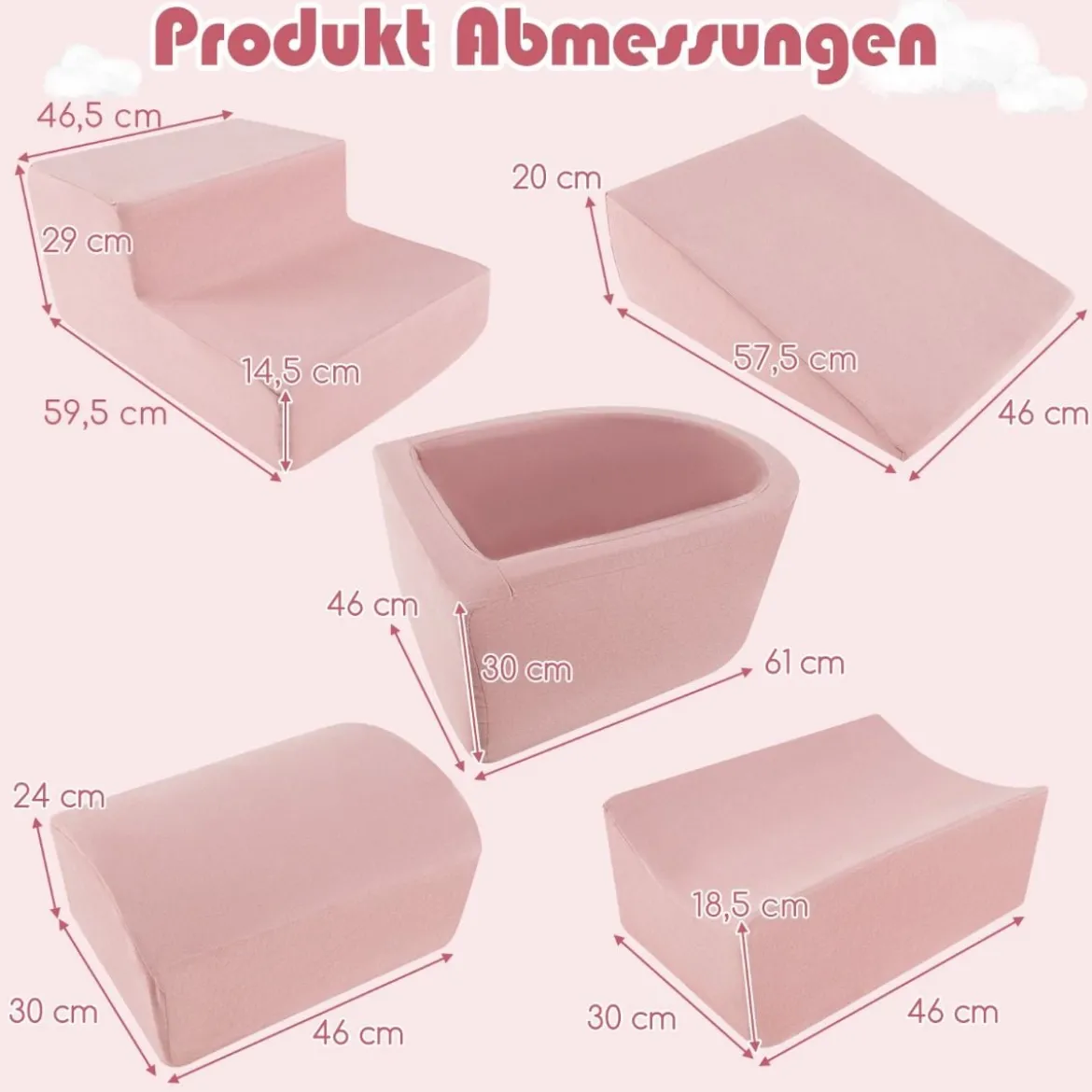 5 TLG. Schaumstoffbausteine Riesenbausteine mit Bällebad (ohne Bälle) Großbausteine zum Toben Rosa/Grau/Beige