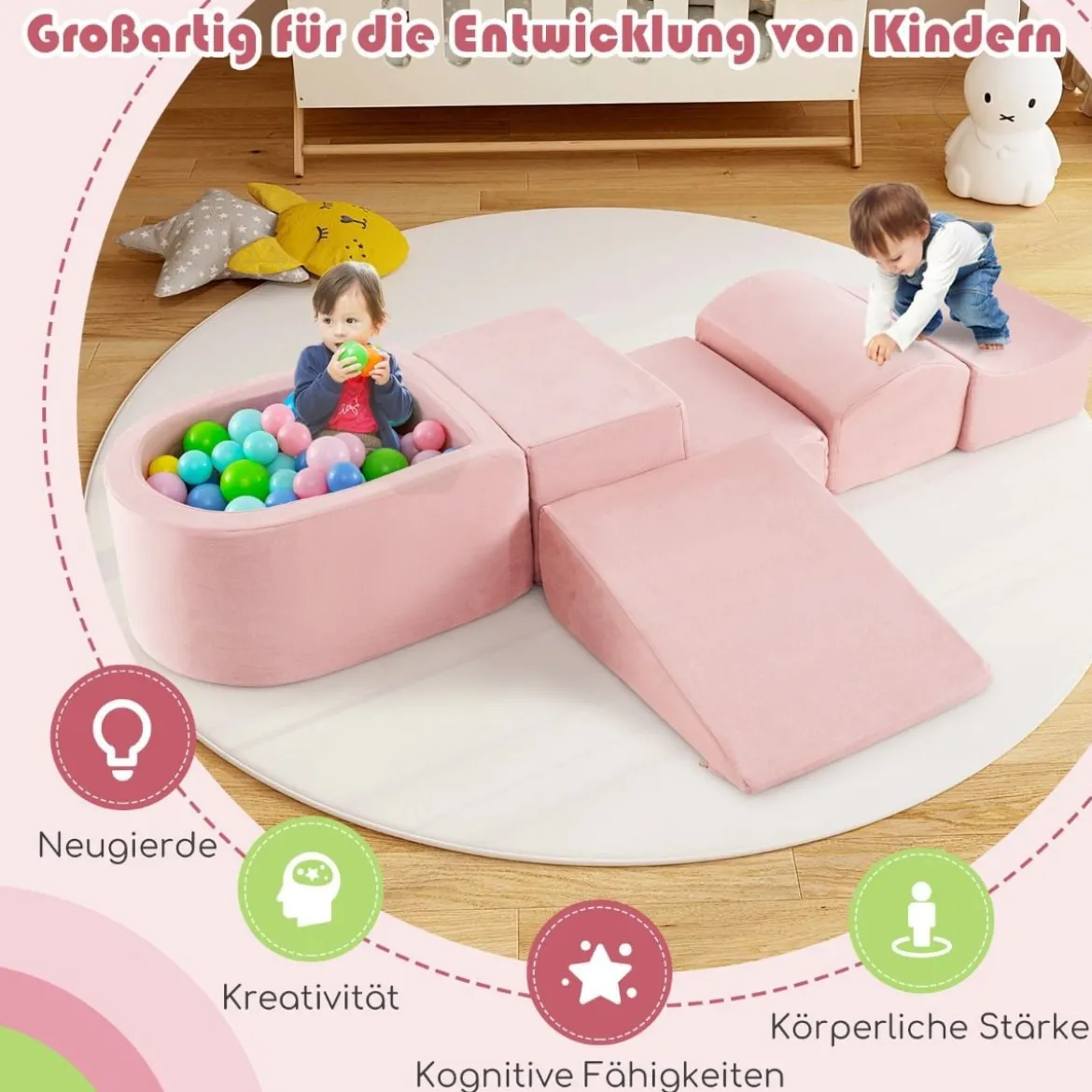 5 TLG. Schaumstoffbausteine Riesenbausteine mit Bällebad (ohne Bälle) Großbausteine zum Toben Rosa/Grau/Beige