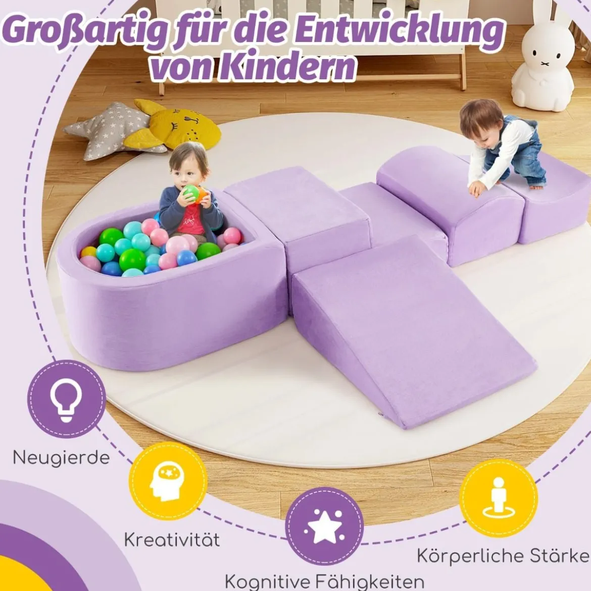 5 TLG. Schaumstoffbausteine Riesenbausteine mit Bällebad (ohne Bälle) Großbausteine zum Toben Rosa/Grau/Beige