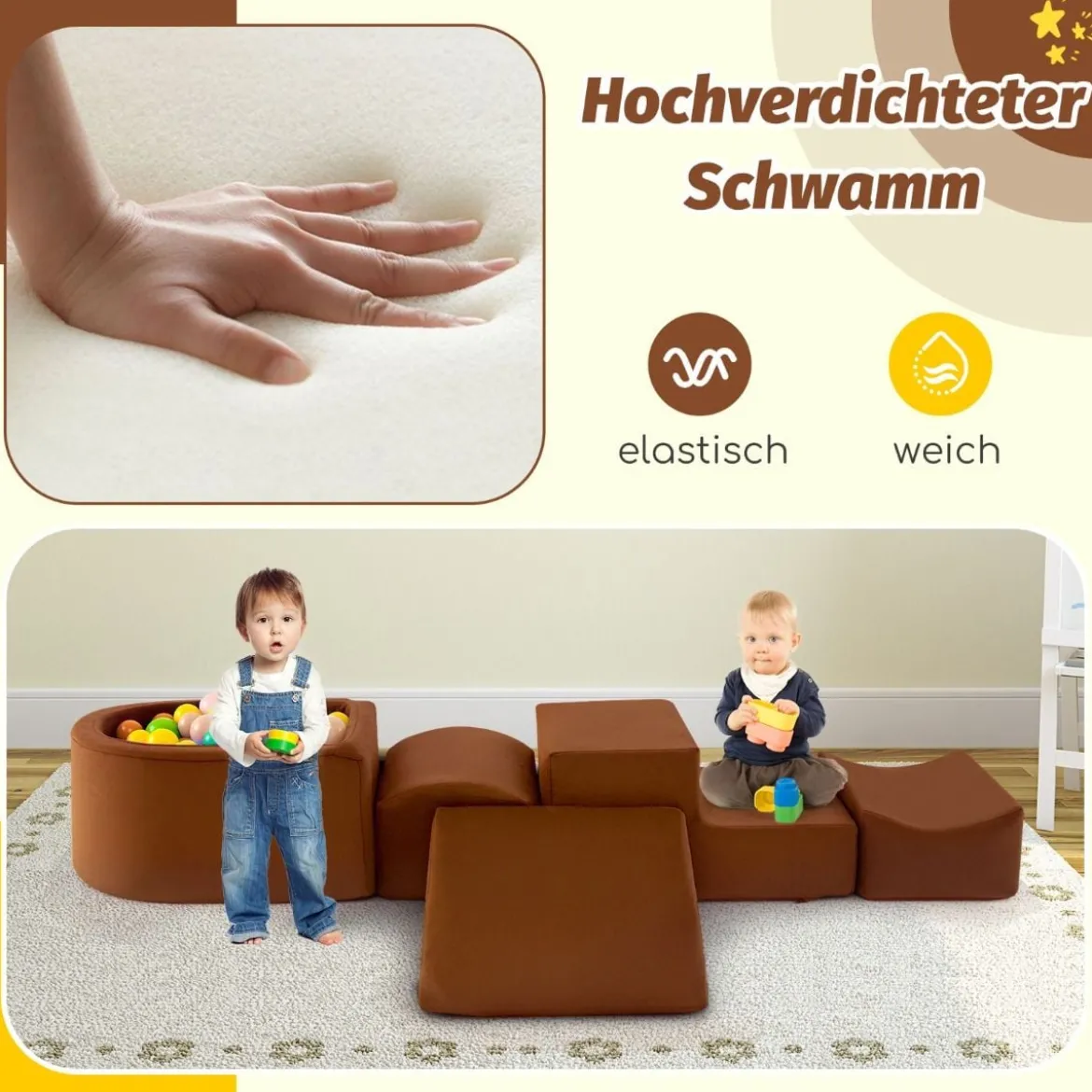 5 TLG. Schaumstoffbausteine Riesenbausteine mit Bällebad (ohne Bälle) Großbausteine zum Toben Rosa/Grau/Beige
