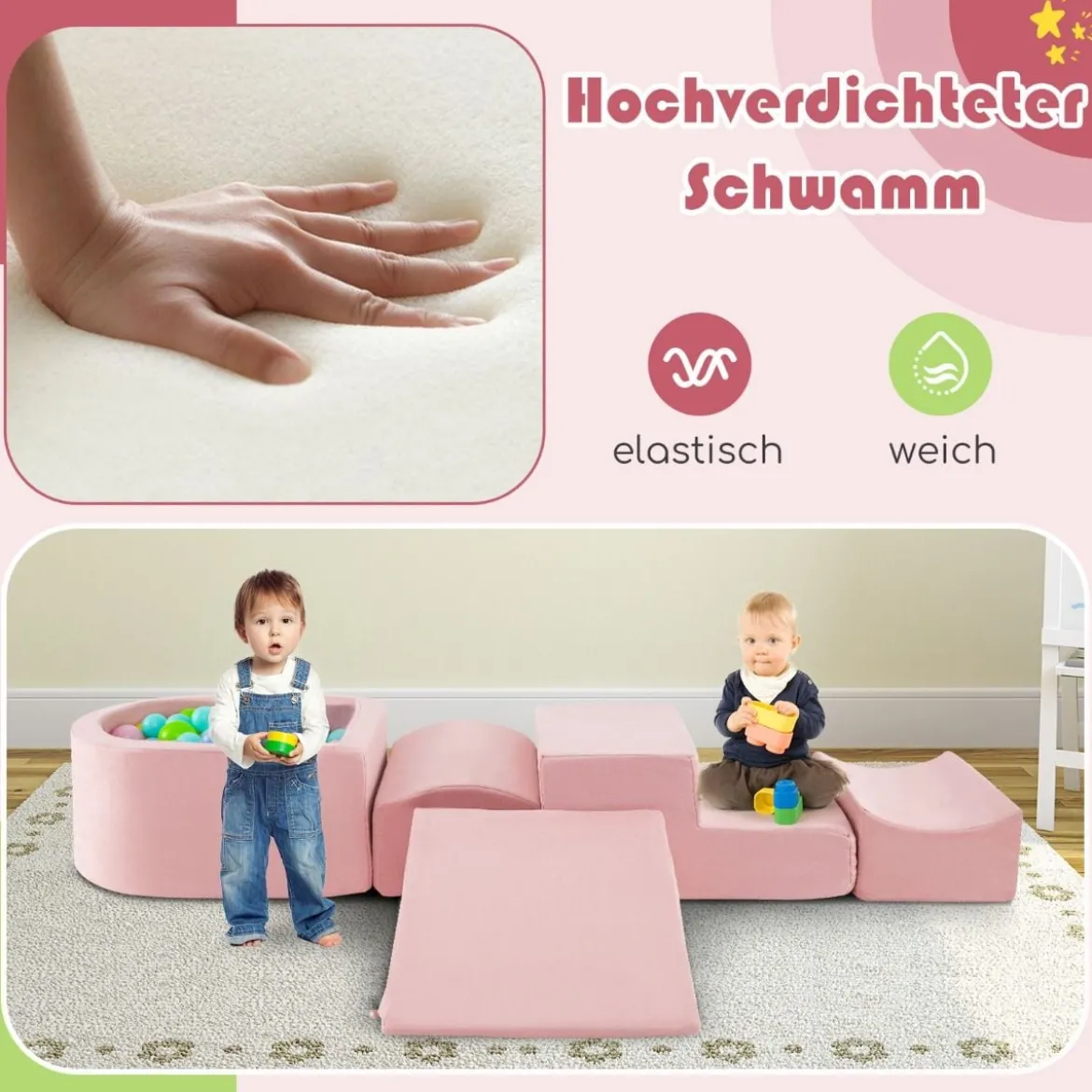 5 TLG. Schaumstoffbausteine Riesenbausteine mit Bällebad (ohne Bälle) Großbausteine zum Toben Rosa/Grau/Beige