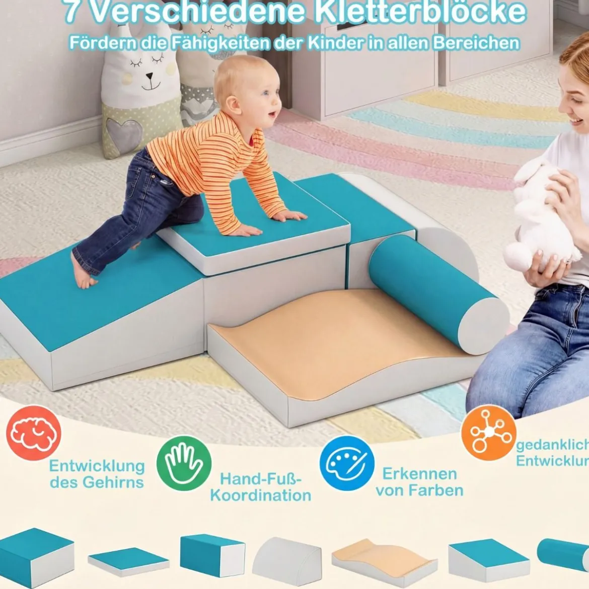7 TLG. Schaumstoffbausteine Softbausteine zum Toben und Klettern Riesenbausteine aus Schaumstoff Grün