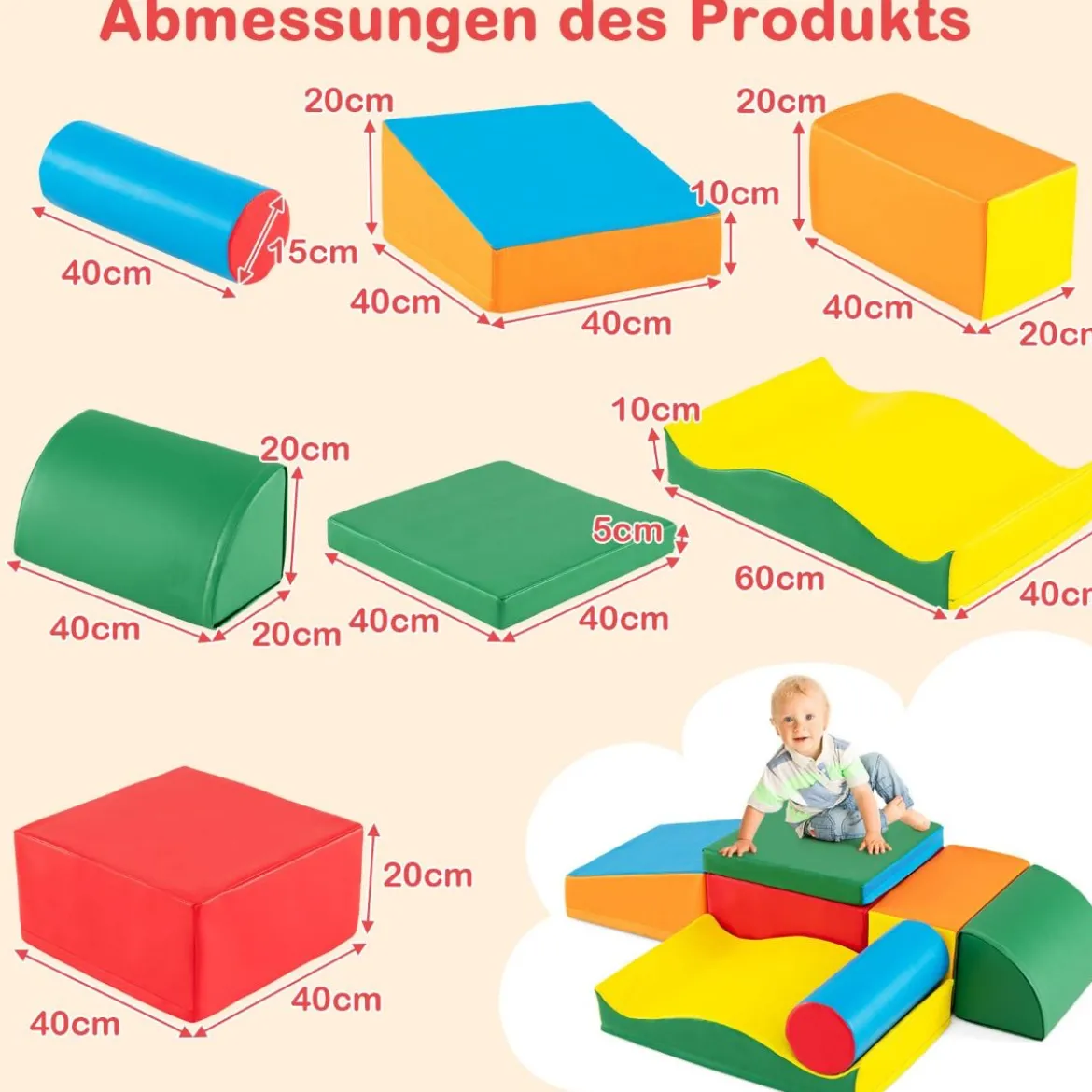 7 TLG. Schaumstoffbausteine Softbausteine zum Toben und Klettern Riesenbausteine aus Schaumstoff