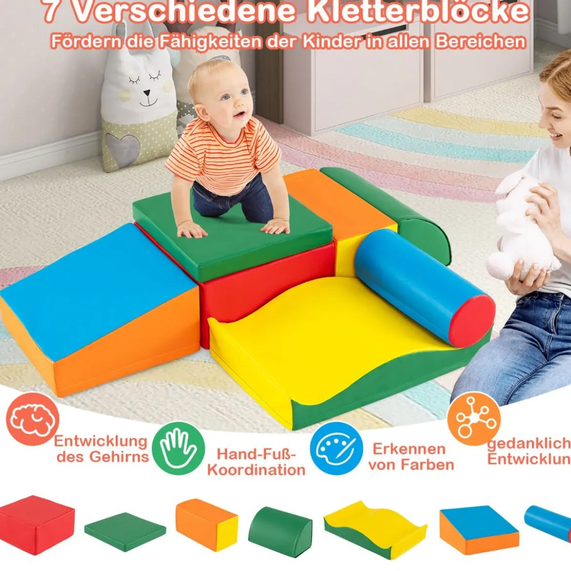 7 TLG. Schaumstoffbausteine Softbausteine zum Toben und Klettern Riesenbausteine aus Schaumstoff