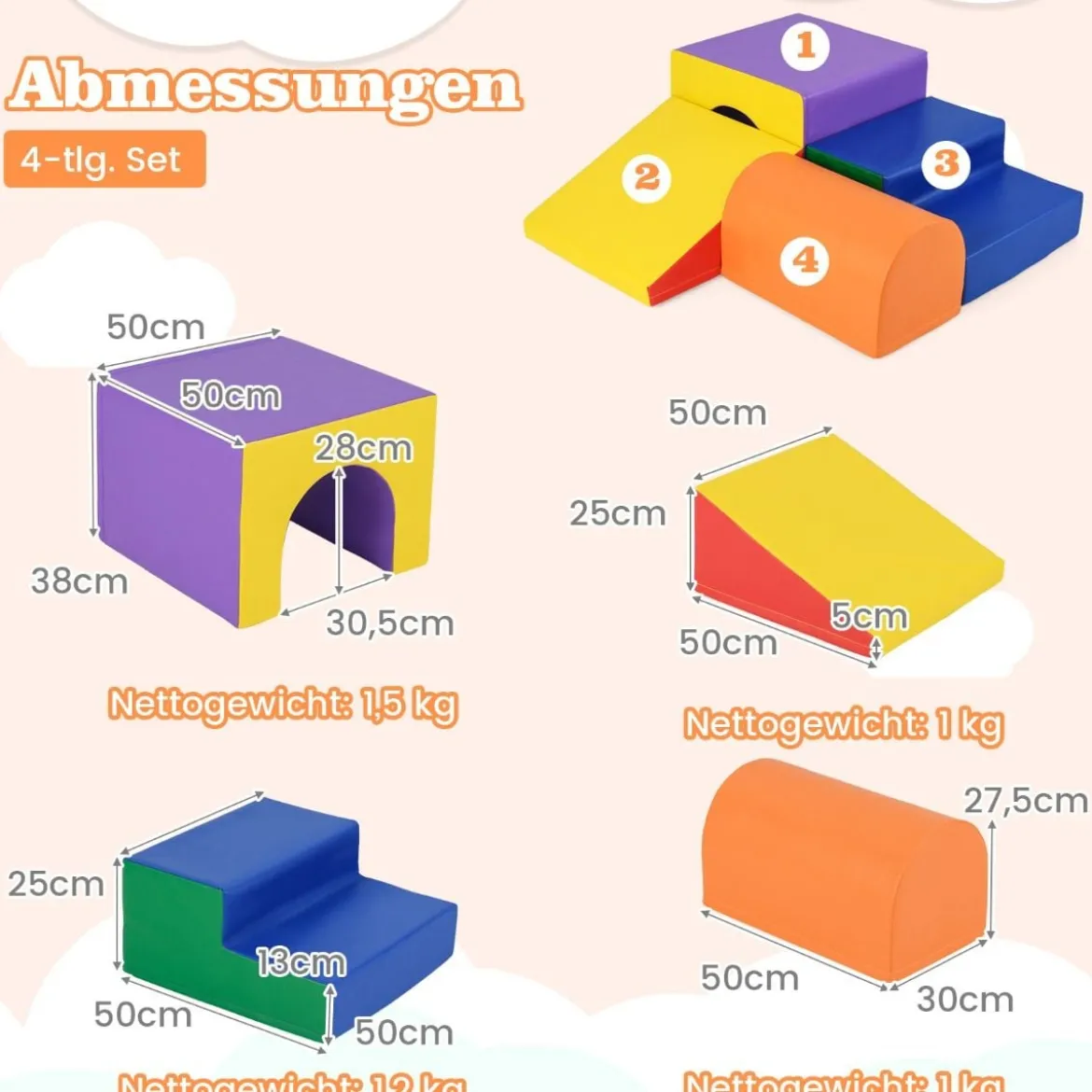 4 TLG. Schaumstoffbausteine zum Klettern & Toben Softbausteine Riesenbausteine Bauklötze mit Klettverschlüsse