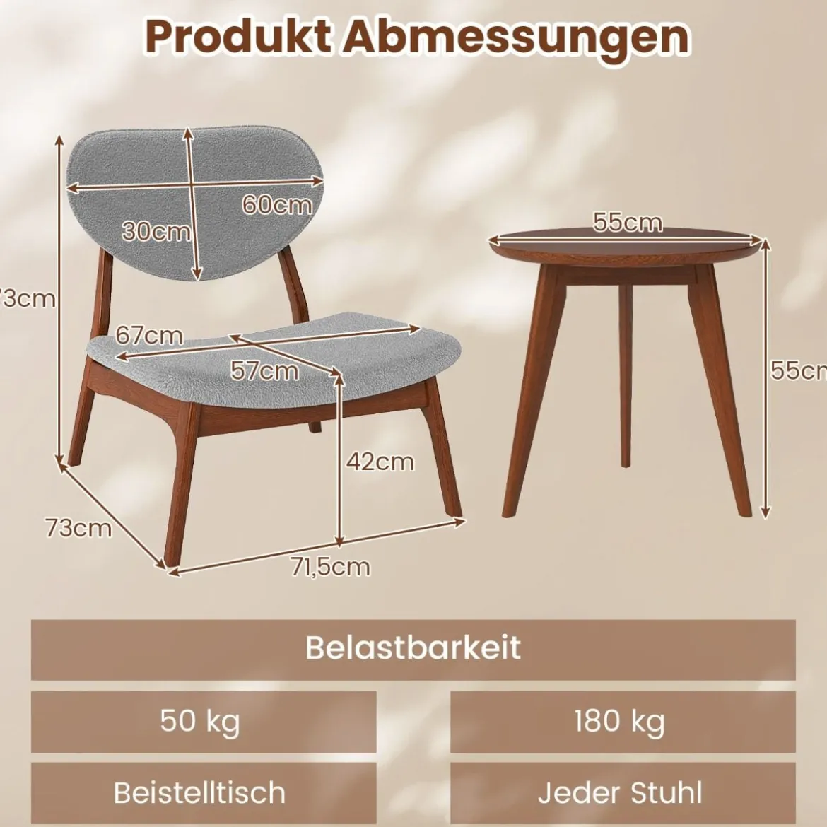 3 tlg. Sessel mit Beistelltisch Gepolstertes Loungesessel Set Kleiner Tisch mit 2 Stühlen Hellgrau