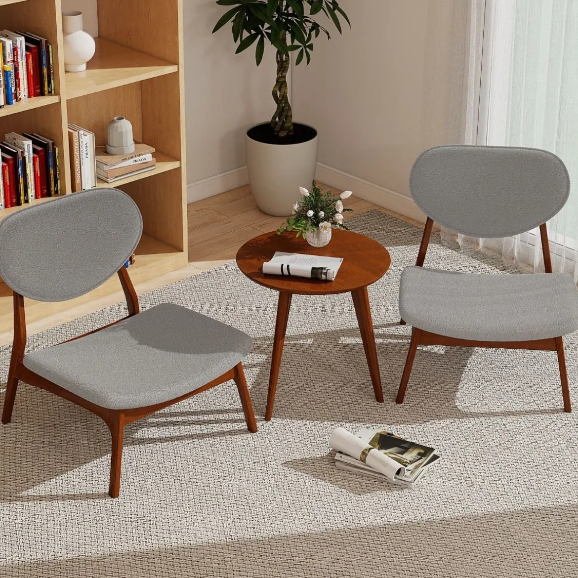 3 tlg. Sessel mit Beistelltisch Gepolstertes Loungesessel Set Kleiner Tisch mit 2 Stühlen Hellgrau