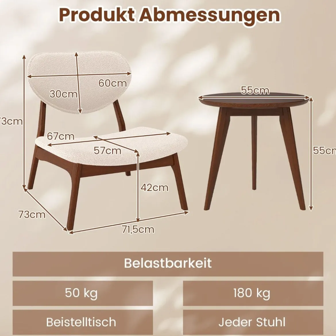 3 tlg. Sessel mit Beistelltisch Gepolstertes Loungesessel Set Kleiner Tisch mit 2 Stühlen Beige