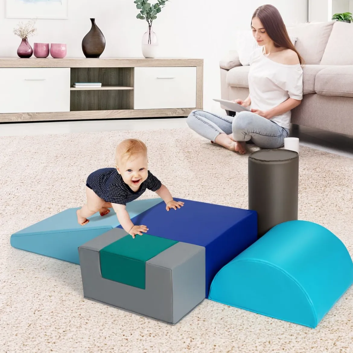 6 tlg.Softbausteine Kinder Großbausteine Riesenbausteine Schaumstoffbausteine Blau