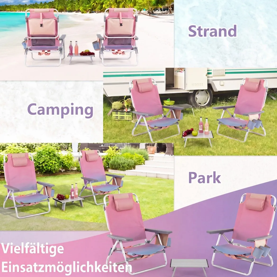 3 tlg. Strandstuhl & Tisch Set mit Verstellbarer Rückenlehne Outdoor Liegestühle