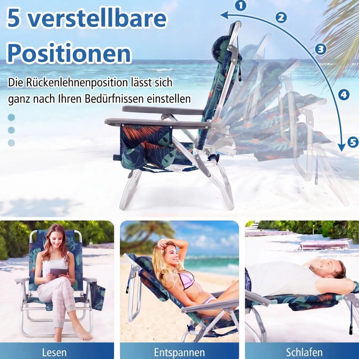 3 tlg. Strandstuhl & Tisch Set mit Verstellbarer Rückenlehne Outdoor Liegestühle