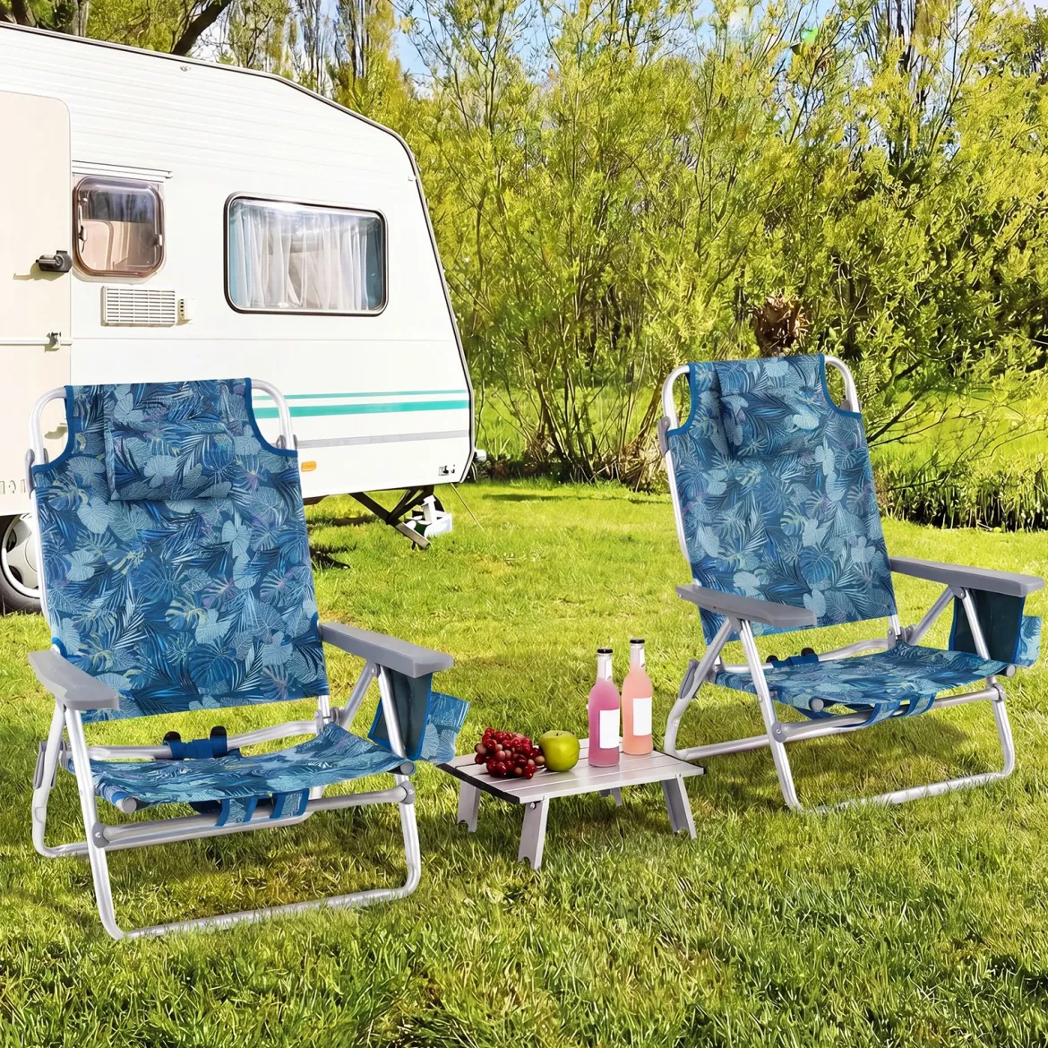 3 tlg. Strandstuhl & Tisch Set mit Verstellbarer Rückenlehne Outdoor Liegestühle
