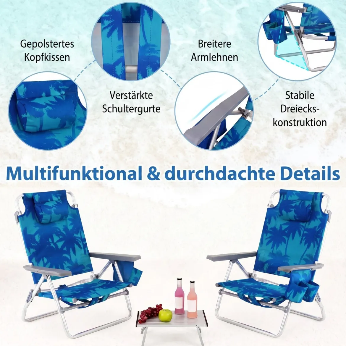 3 tlg. Strandstuhl & Tisch Set mit Verstellbarer Rückenlehne Outdoor Liegestühle