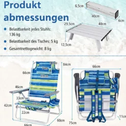 3 tlg. Strandstuhl & Tisch Set mit Verstellbarer Rückenlehne Outdoor Liegestühle