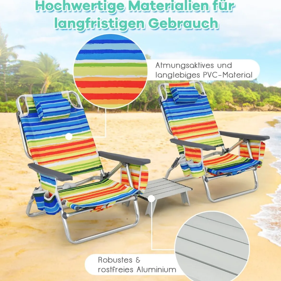 3 tlg. Strandstuhl & Tisch Set mit Verstellbarer Rückenlehne Outdoor Liegestühle