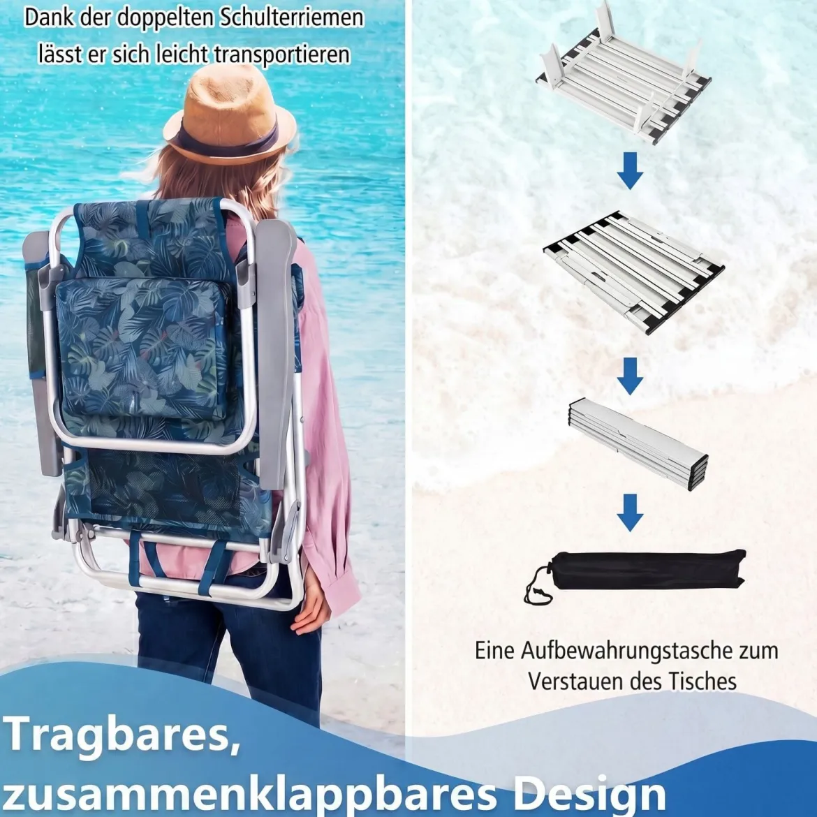 3 tlg. Strandstuhl & Tisch Set mit Verstellbarer Rückenlehne Outdoor Liegestühle