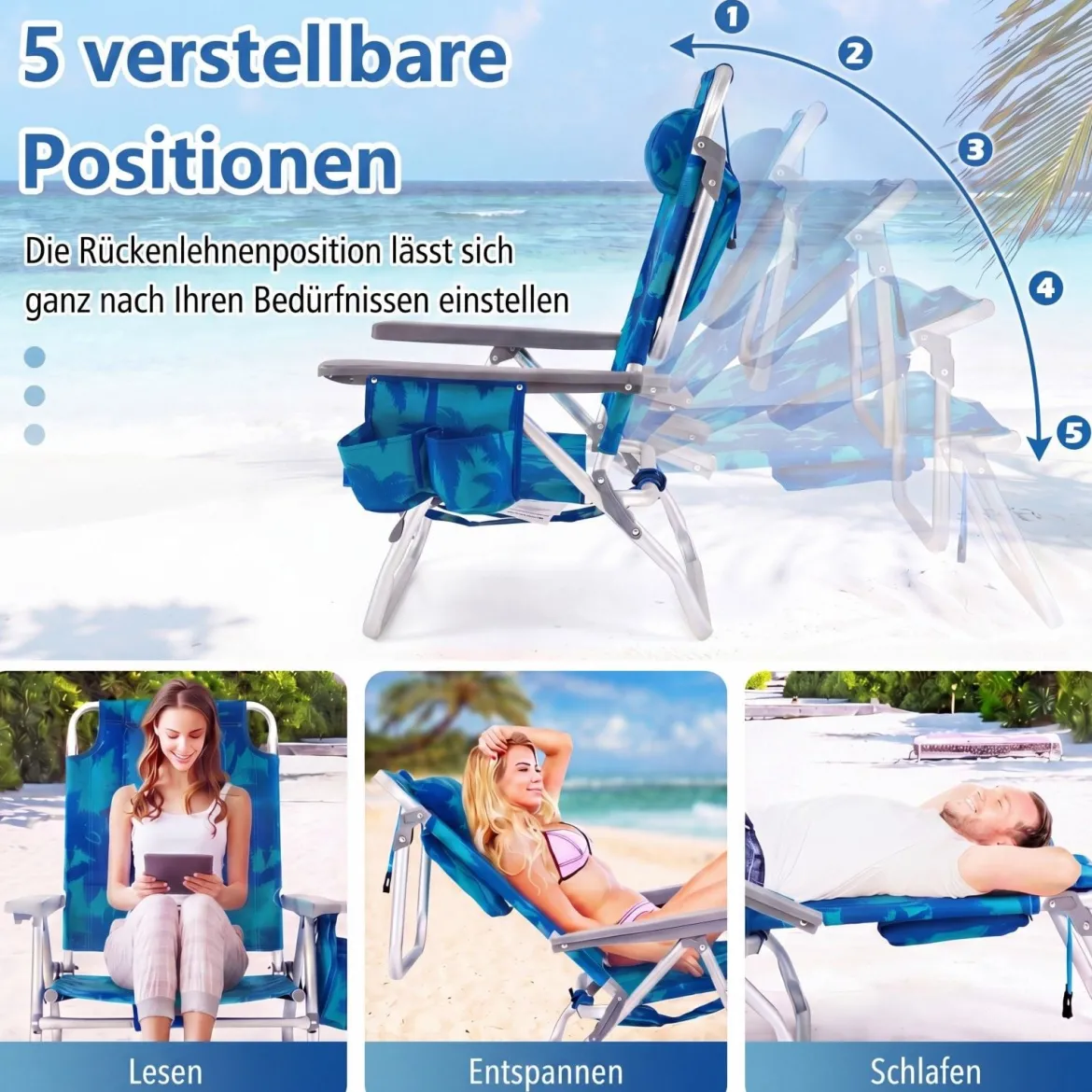 3 tlg. Strandstuhl & Tisch Set mit Verstellbarer Rückenlehne Outdoor Liegestühle