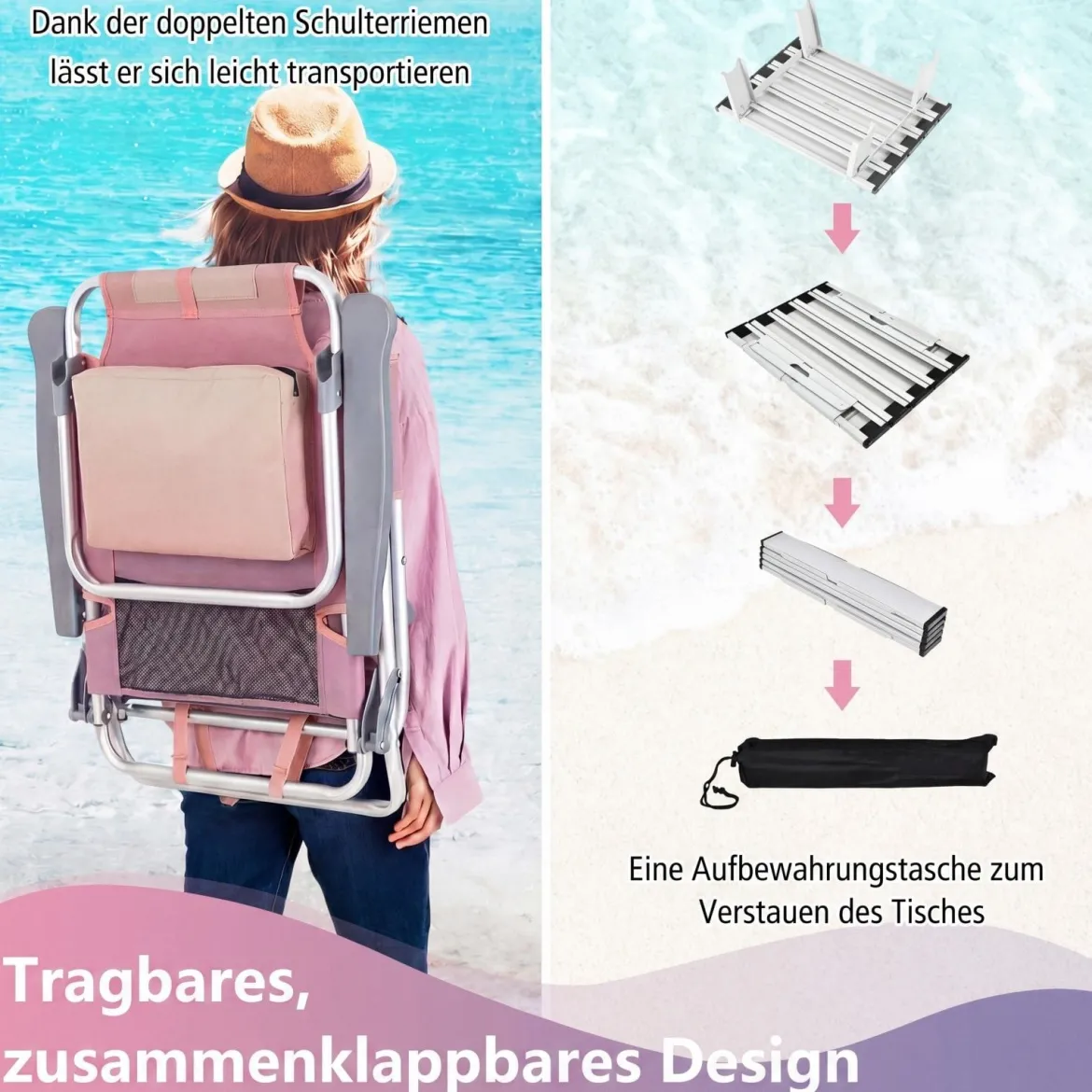 3 tlg. Strandstuhl & Tisch Set mit Verstellbarer Rückenlehne Outdoor Liegestühle