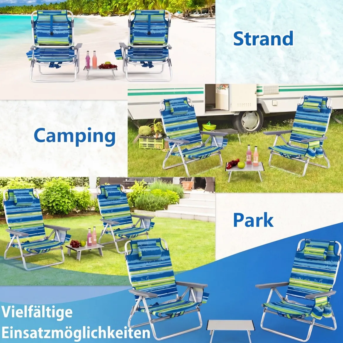 3 tlg. Strandstuhl & Tisch Set mit Verstellbarer Rückenlehne Outdoor Liegestühle
