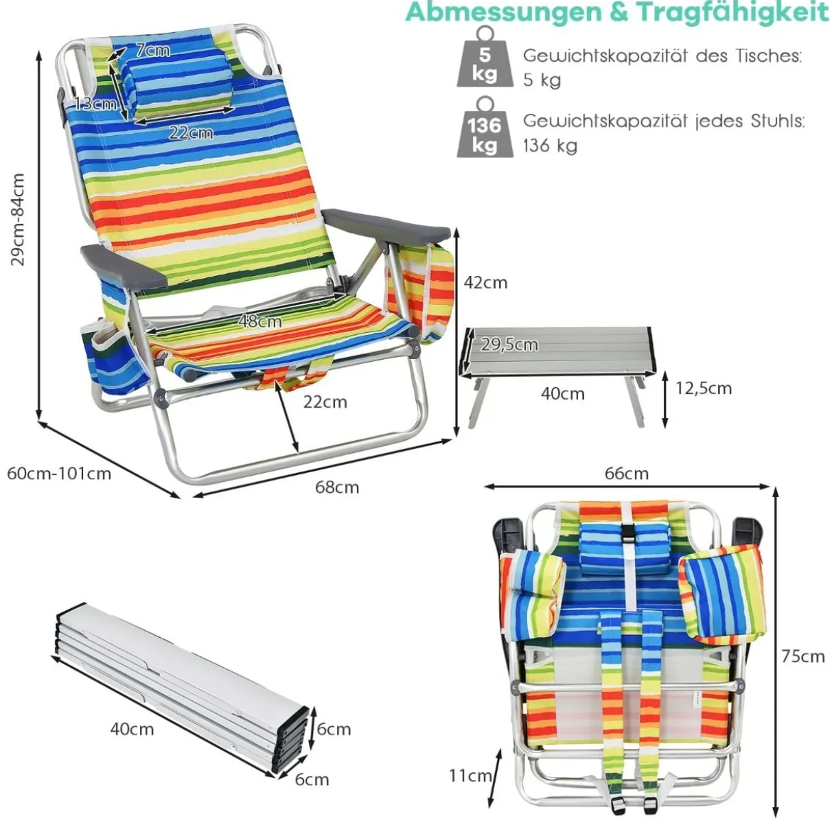 3 tlg. Strandstuhl & Tisch Set mit Verstellbarer Rückenlehne Outdoor Liegestühle