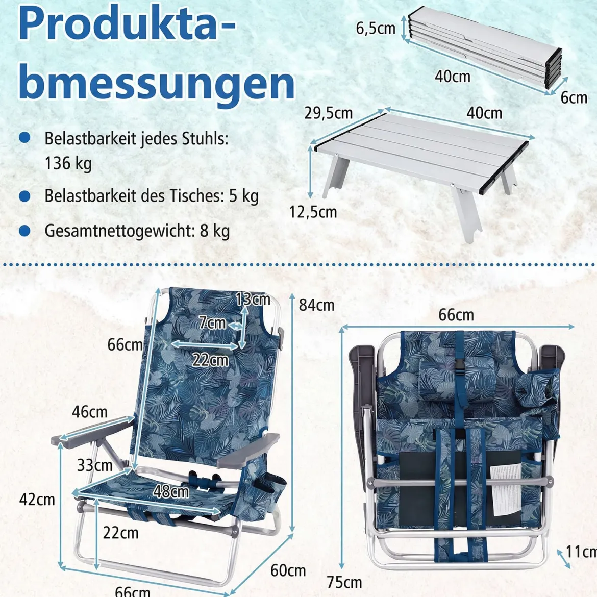 3 tlg. Strandstuhl & Tisch Set mit Verstellbarer Rückenlehne Outdoor Liegestühle