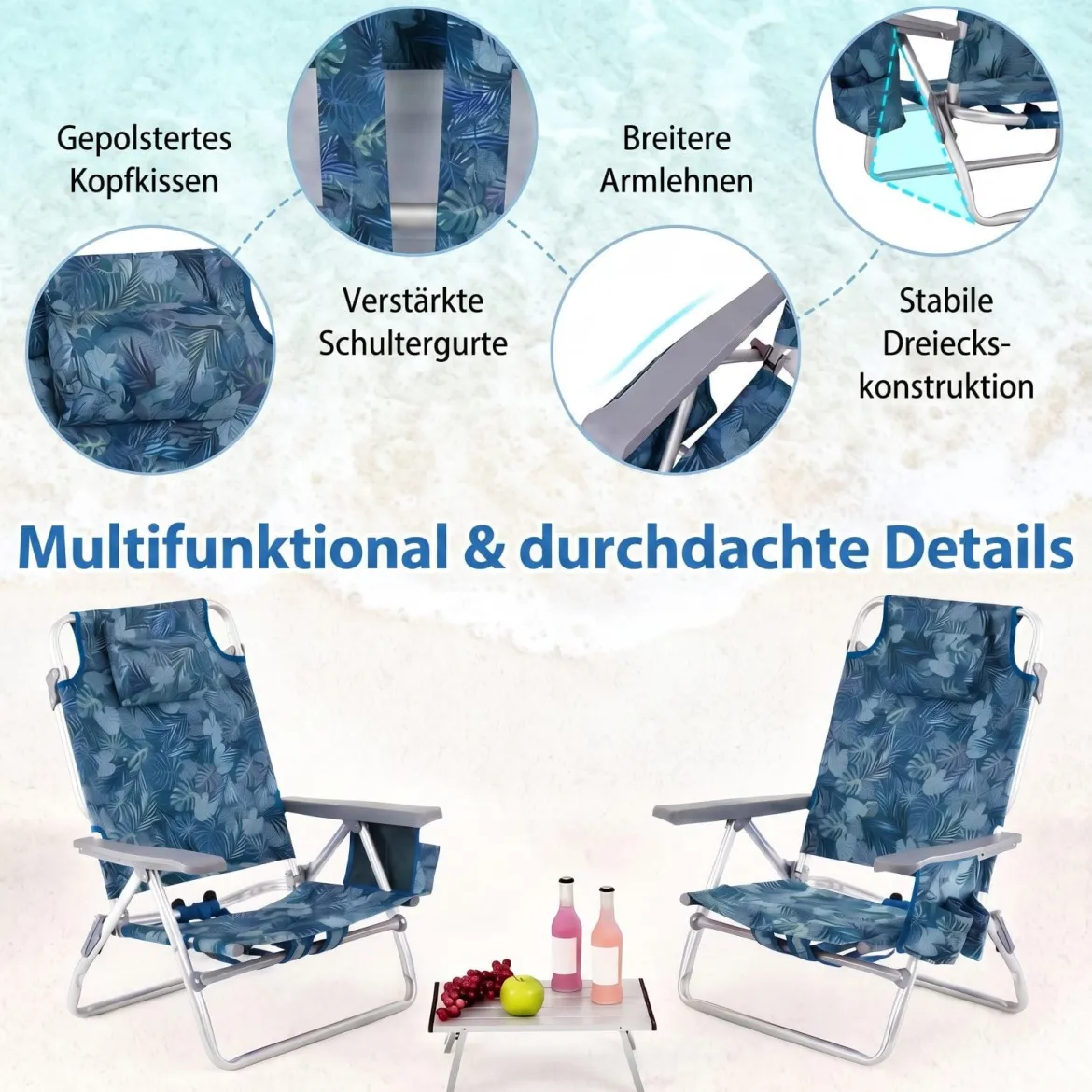3 tlg. Strandstuhl & Tisch Set mit Verstellbarer Rückenlehne Outdoor Liegestühle