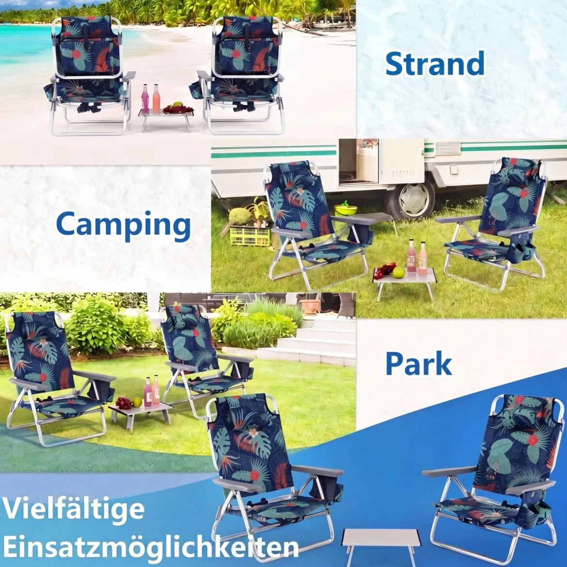 3 tlg. Strandstuhl & Tisch Set mit Verstellbarer Rückenlehne Outdoor Liegestühle