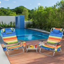 3 tlg. Strandstuhl & Tisch Set mit Verstellbarer Rückenlehne Outdoor Liegestühle