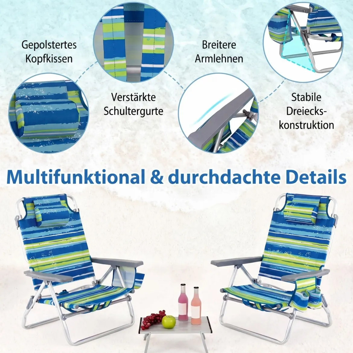 3 tlg. Strandstuhl & Tisch Set mit Verstellbarer Rückenlehne Outdoor Liegestühle
