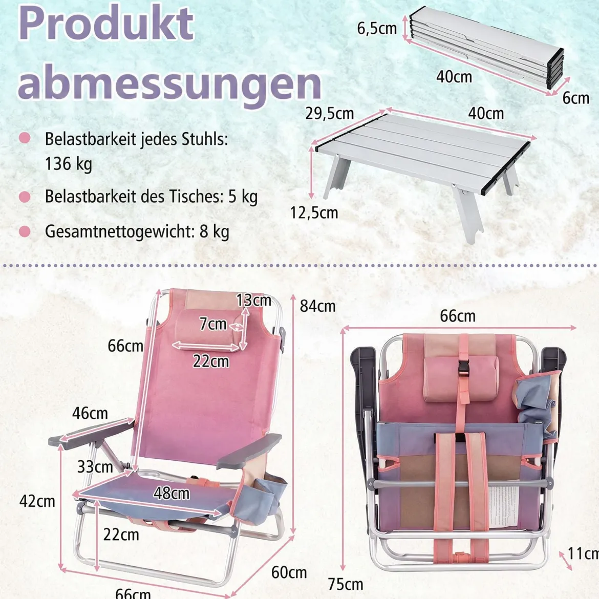 3 tlg. Strandstuhl & Tisch Set mit Verstellbarer Rückenlehne Outdoor Liegestühle