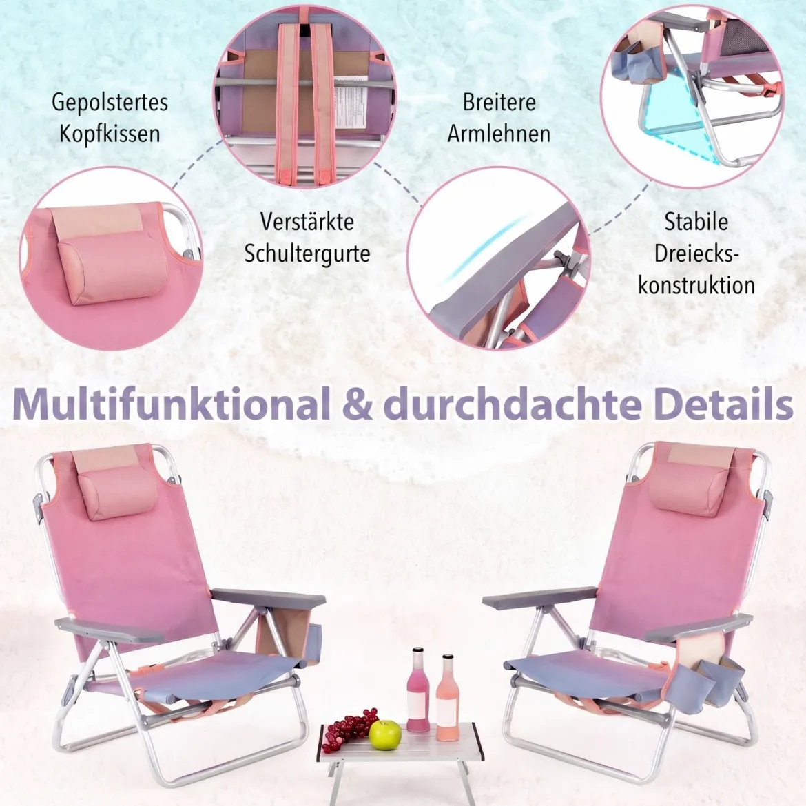 3 tlg. Strandstuhl & Tisch Set mit Verstellbarer Rückenlehne Outdoor Liegestühle