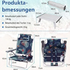 3 tlg. Strandstuhl & Tisch Set mit Verstellbarer Rückenlehne Outdoor Liegestühle