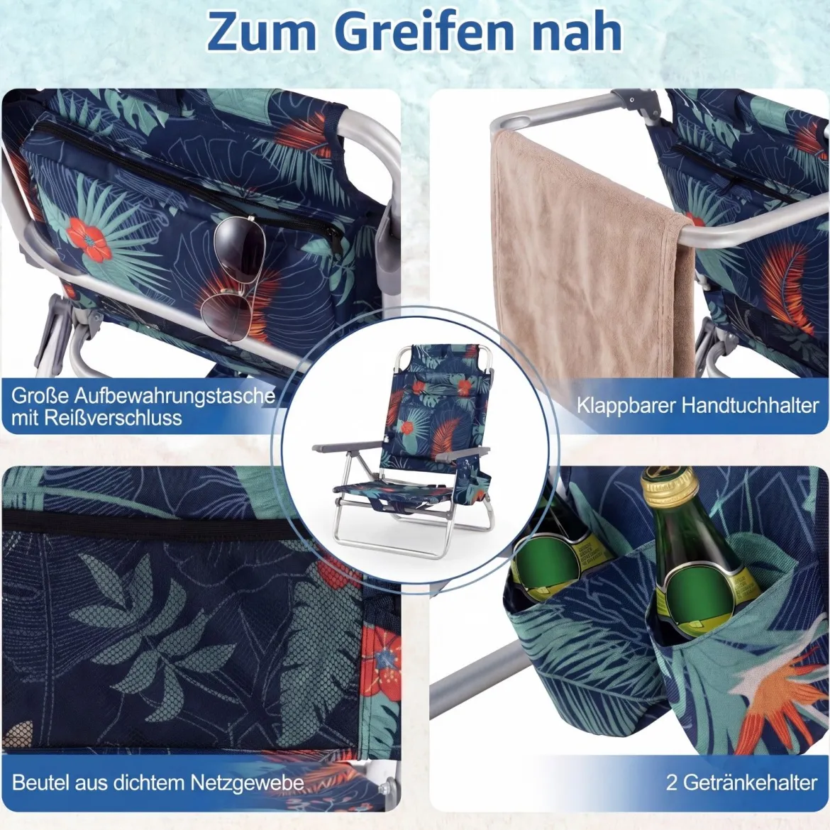 3 tlg. Strandstuhl & Tisch Set mit Verstellbarer Rückenlehne Outdoor Liegestühle