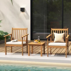 3tlg. Terrassenmöbel-Set aus Akazienholz 2 Gartenstühle mit Kissen & Kaffeetisch Bistroset