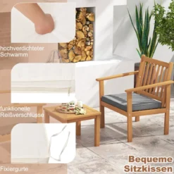 3tlg. Terrassenmöbel-Set aus Akazienholz 2 Gartenstühle mit Kissen & Kaffeetisch Bistroset