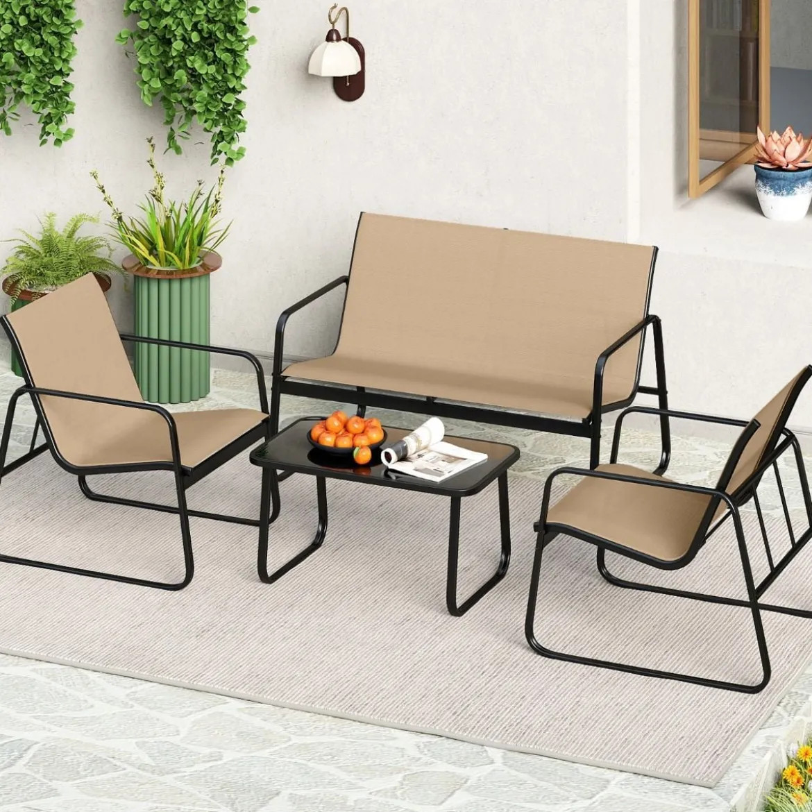 4 TLG. Terrassenmöbel-Set mit Kaffeetisch aus Gehärtetem Glas Sitzgruppe Sofagarnitur Braun/Schwarz