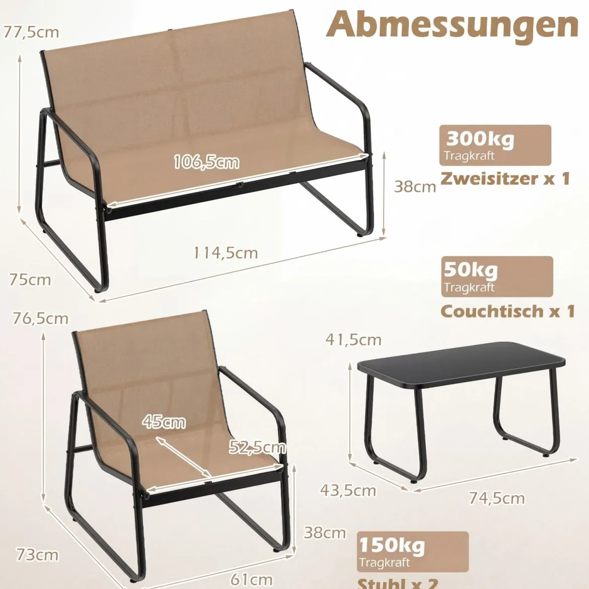 4 TLG. Terrassenmöbel-Set mit Kaffeetisch aus Gehärtetem Glas Sitzgruppe Sofagarnitur Braun/Schwarz