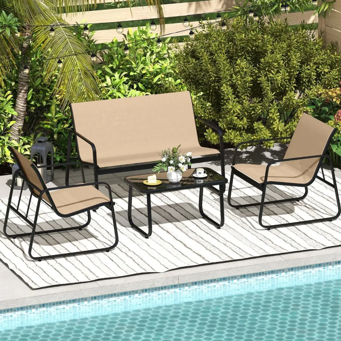 4 TLG. Terrassenmöbel-Set mit Kaffeetisch aus Gehärtetem Glas Sitzgruppe Sofagarnitur Braun/Schwarz