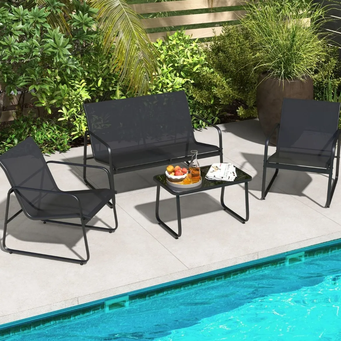4 TLG. Terrassenmöbel-Set mit Kaffeetisch aus Gehärtetem Glas Sitzgruppe Sofagarnitur Braun/Schwarz