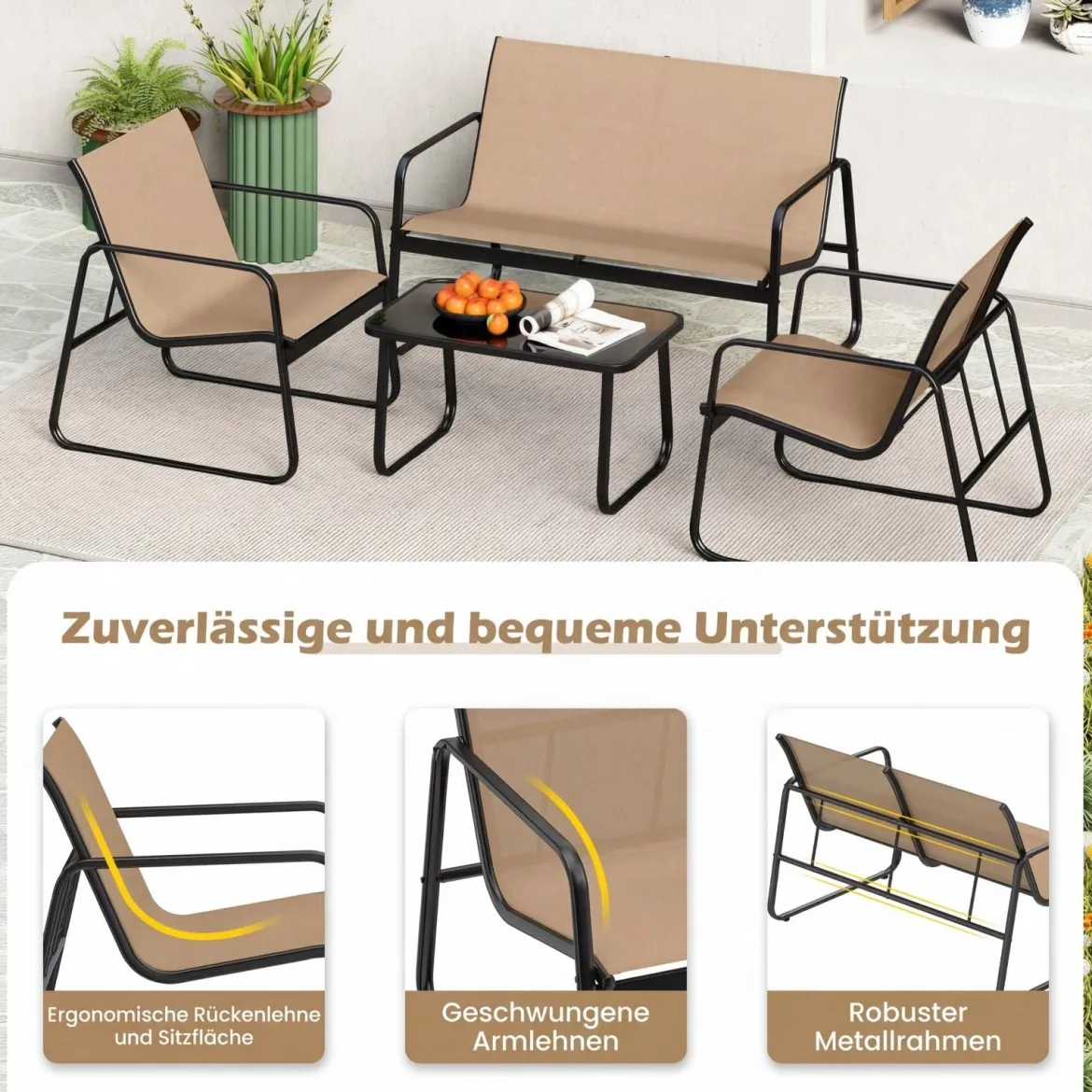 4 TLG. Terrassenmöbel-Set mit Kaffeetisch aus Gehärtetem Glas Sitzgruppe Sofagarnitur Braun/Schwarz