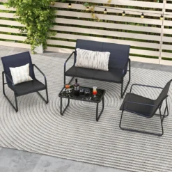 4 TLG. Terrassenmöbel-Set mit Kaffeetisch aus Gehärtetem Glas Sitzgruppe Sofagarnitur Braun/Schwarz