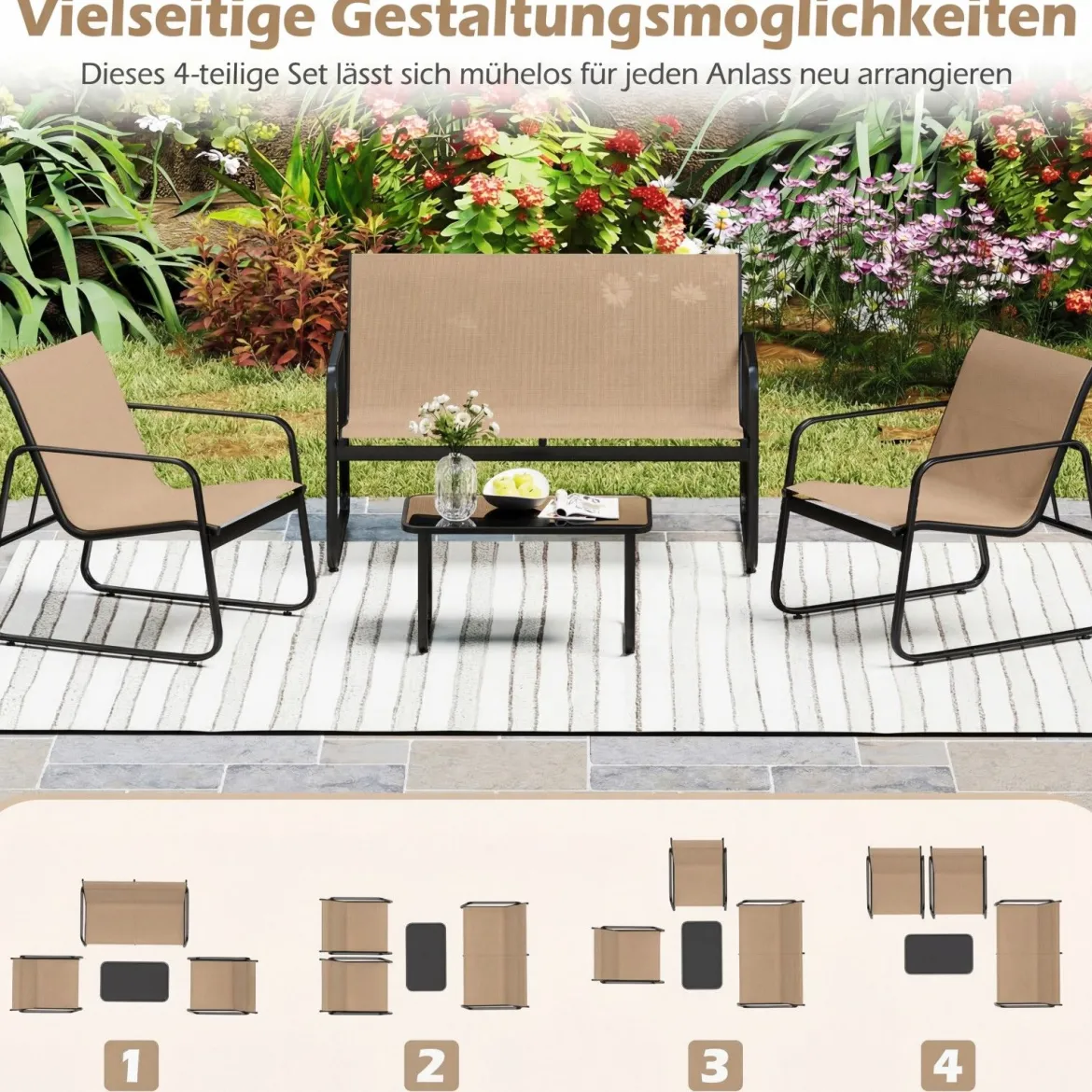 4 TLG. Terrassenmöbel-Set mit Kaffeetisch aus Gehärtetem Glas Sitzgruppe Sofagarnitur Braun/Schwarz