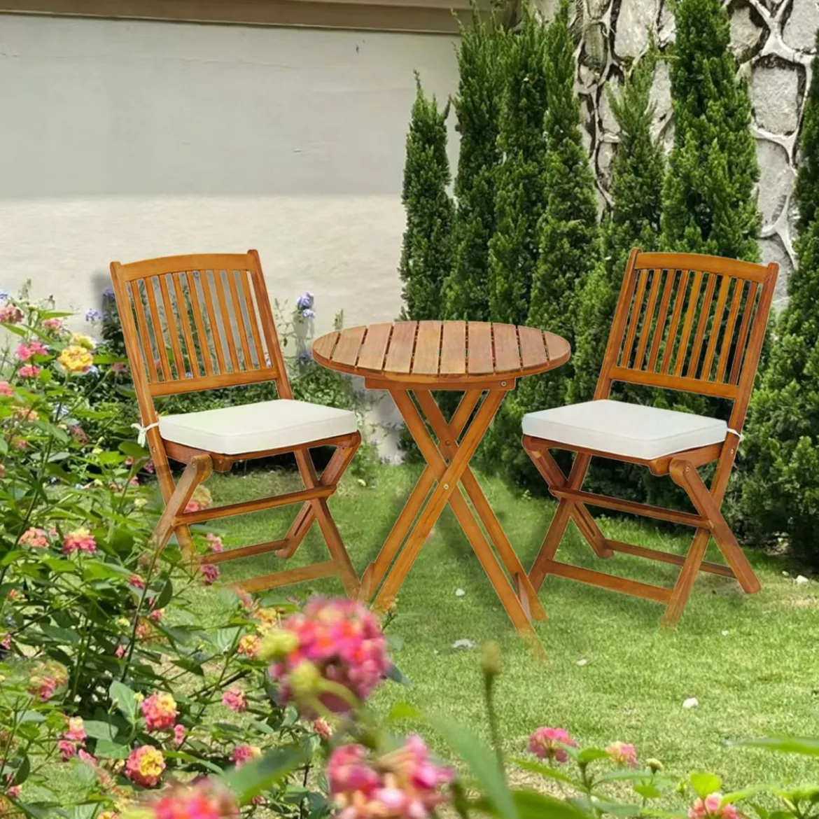 3-TLG. Terrassenmöbel-Set mit Rundem Tisch & 2 Stühlen & 2 Kissen Ergonomische Sitzgarnitur